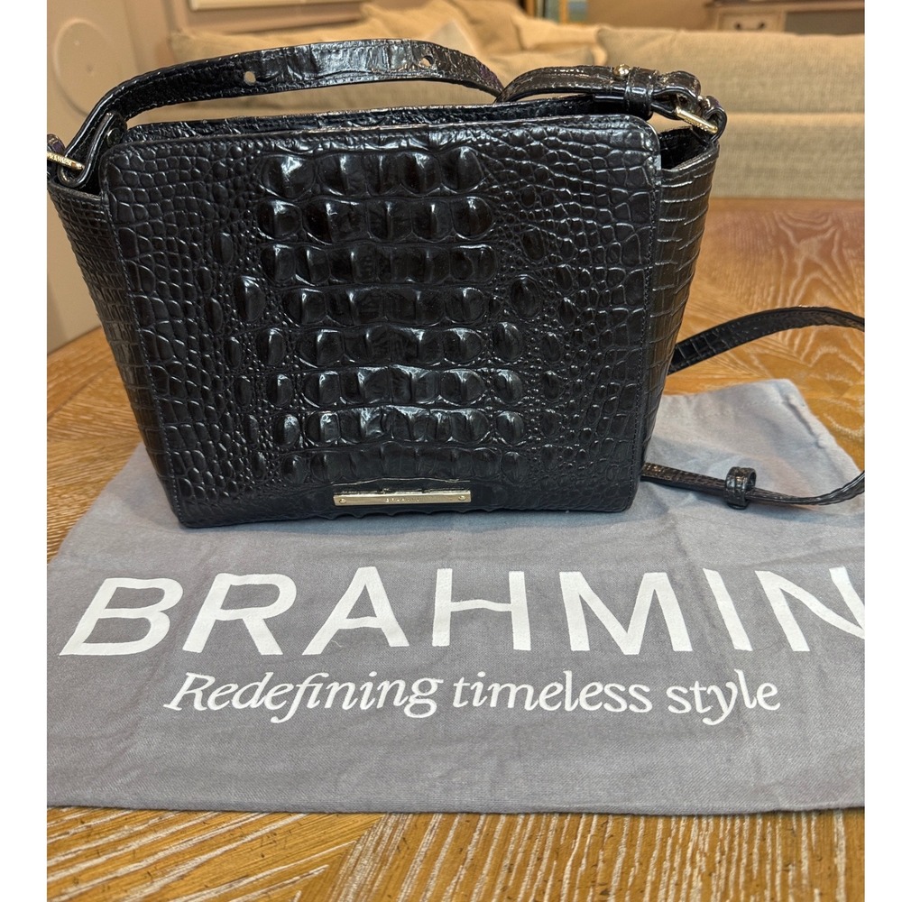 Brahmin Hillary Black Melbourne Croc Embossed Leather Crossbody Bag Gold